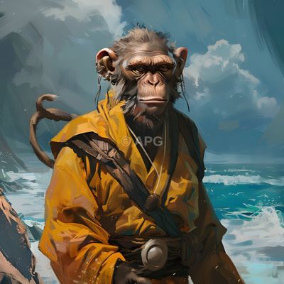 Affe in gelber Mönchsrobe am Meer (KI-Kunst)